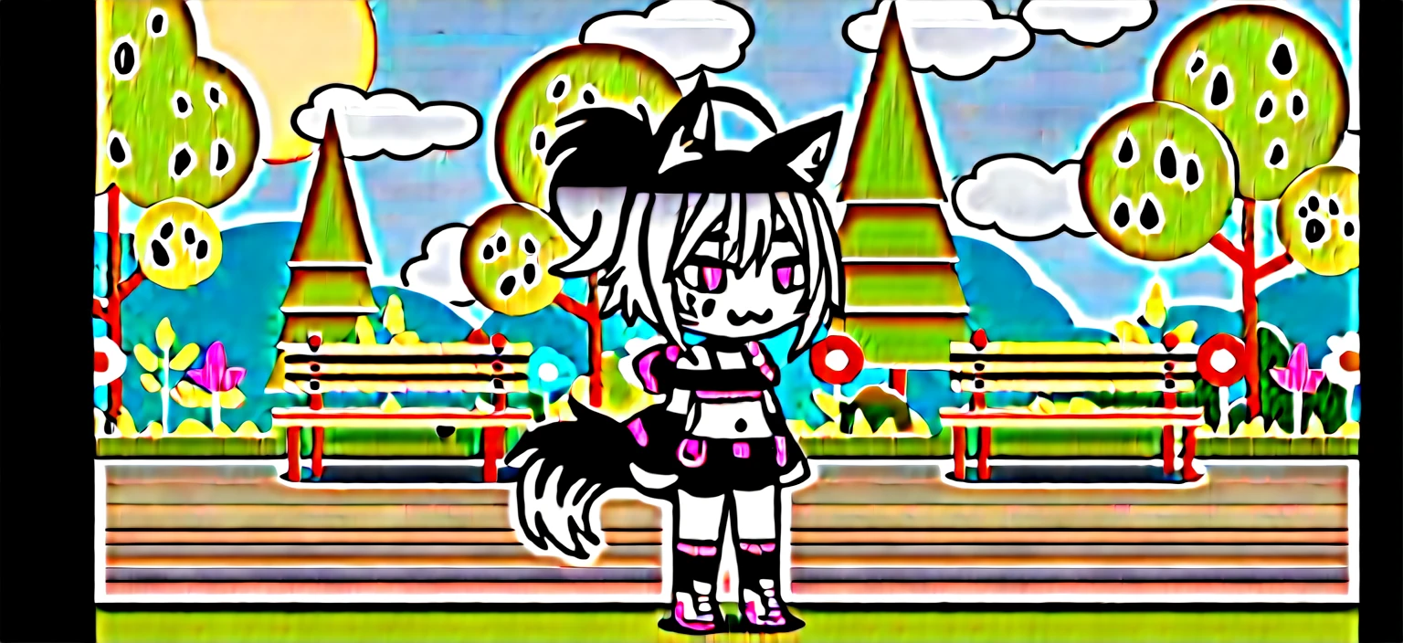 anime girl with black hair and black and white outfit standing in front of a park, female furry mini cute style, fursona!!!!, female fursona, wolf fursona, full body adoptable, fursona wearing stylish clothes, chibi, character adoptable, anime style character, anime catgirl, in anime style, emo boy with cat ears and tail, anime stylized