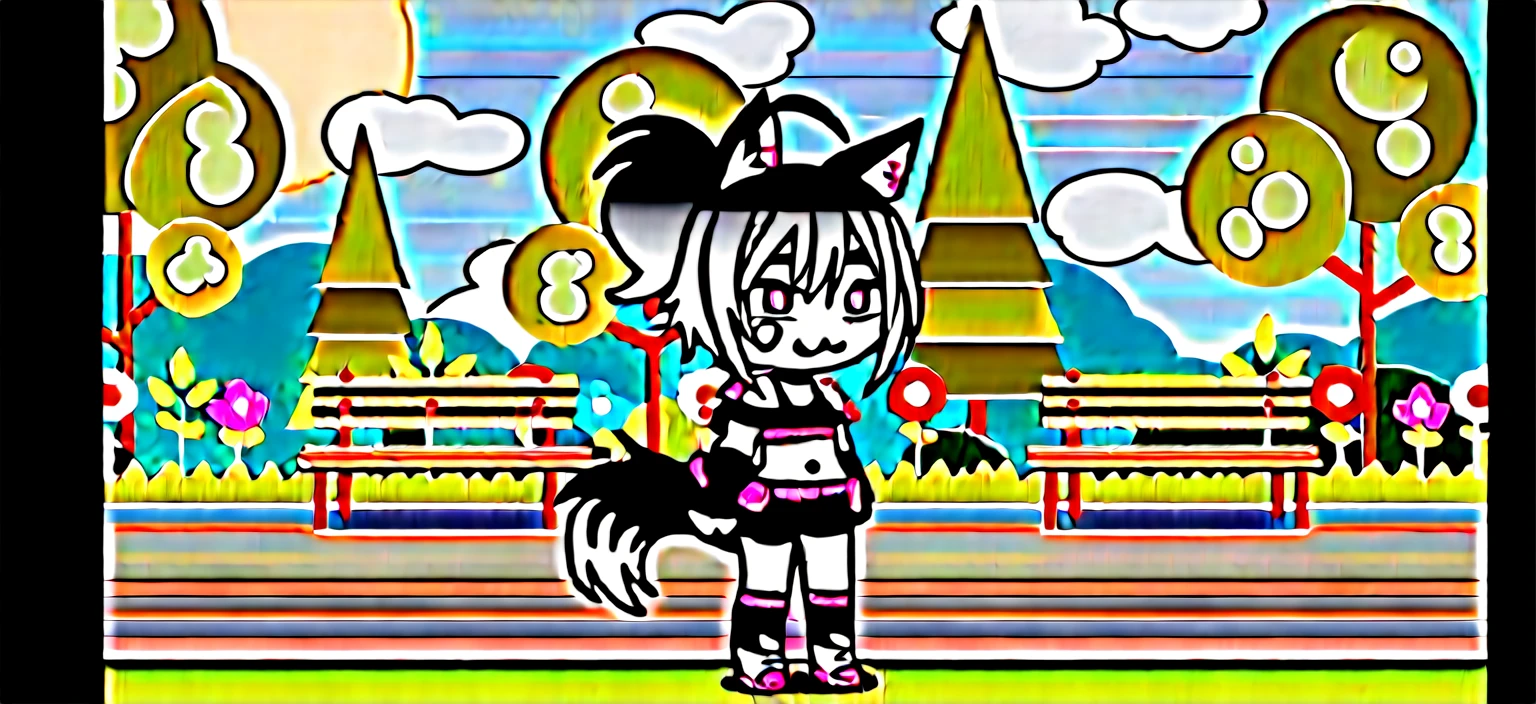 anime girl with black hair and black and white outfit standing in front of a park, female furry mini cute style, fursona!!!!, female fursona, wolf fursona, full body adoptable, fursona wearing stylish clothes, chibi, character adoptable, anime style character, anime catgirl, in anime style, emo boy with cat ears and tail, anime stylized