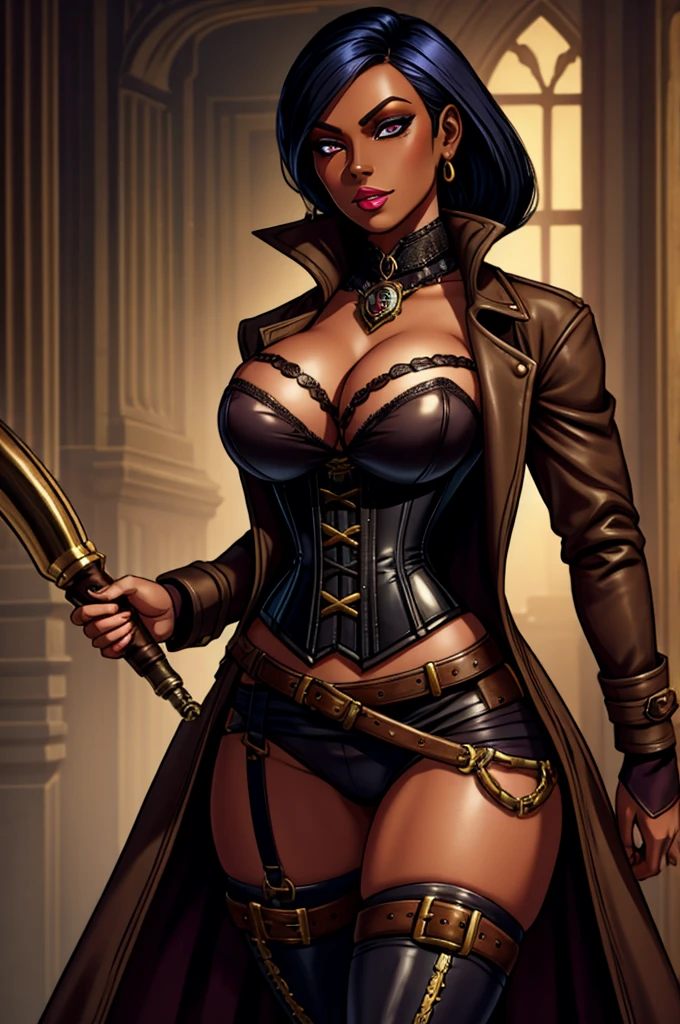 Butch Henchwoman, dark elf, drow,brass,coat,steampunk,corset,straps
