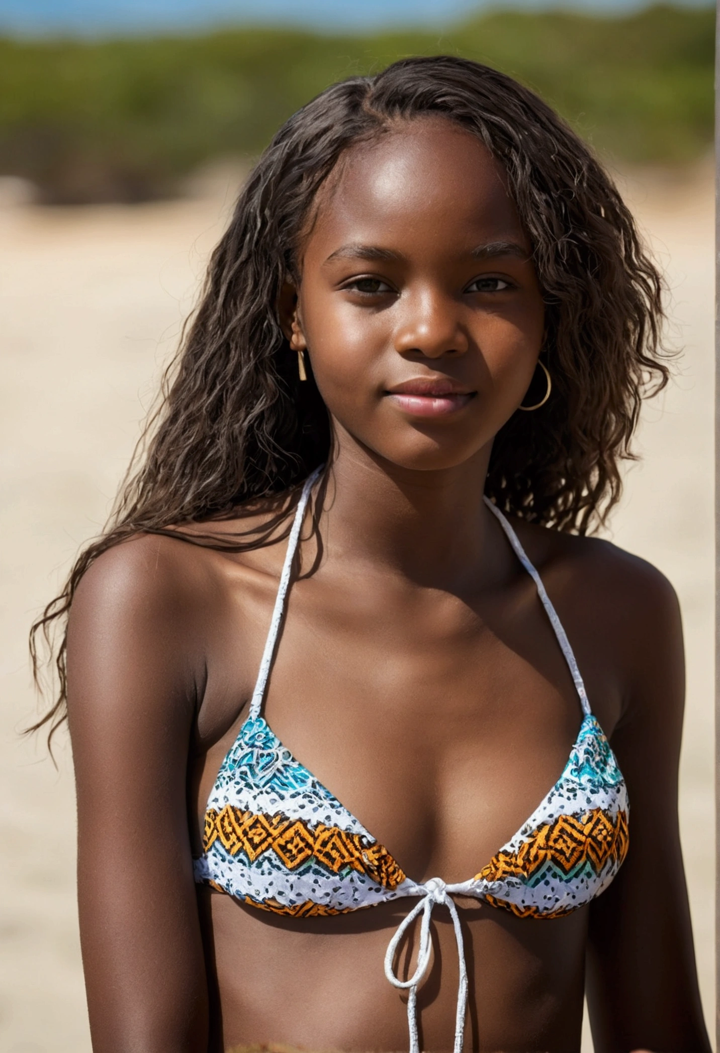 realistic photo, a realistic photo of 18yo black girl wearing a bikini, black hair, beach, (1girl), (extremely detailed CG unity 8k wallpaper), photo of the most beautiful artwork in the world, professional majestic (photography by Steve McCurry), 8k uhd, dslr, soft lighting, high quality, film grain, Fujifilm XT3 sharp focus, f 5.6, High Detail, Sharp focus, dramatic, (looking at viewer:1.2), (detailed pupils:1.3), (natural light),