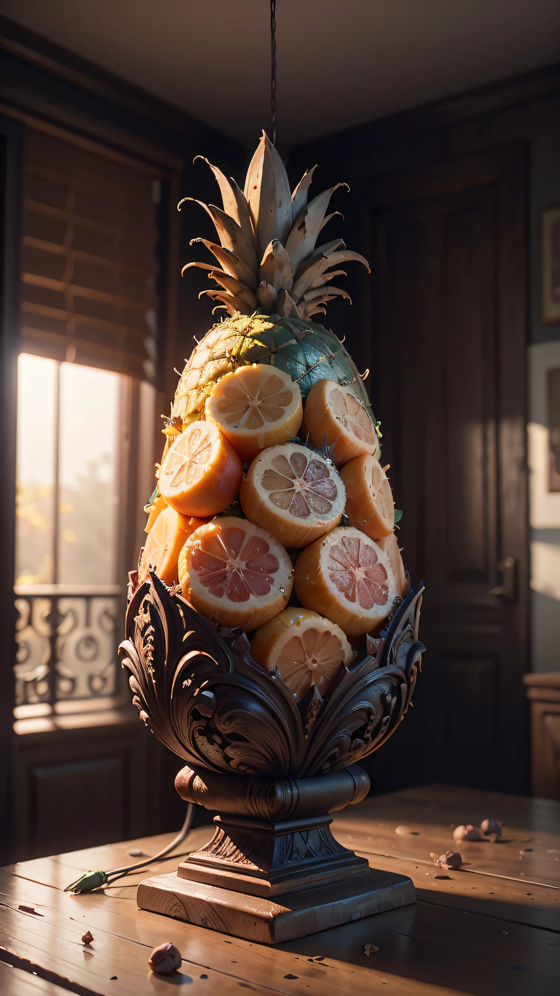 hyper detailed masterpiece pineapple ,dynamic,awesome quality,floating liquid plant,ral-passion fruit,photorealistic,cinematic lighting,3d,highly detailed,intricate details,ultra-realistic,ultra-detailed,hyperrealistic,hyper-realistic,octane render,4k,8k,highly detailed description,sharp focus,extremely detailed,professional digital art,concept art,studio lighting,physically-based rendering,volumetric lighting,vibrant colors,natural colors,realistic textures,vivid colors,dramatic lighting