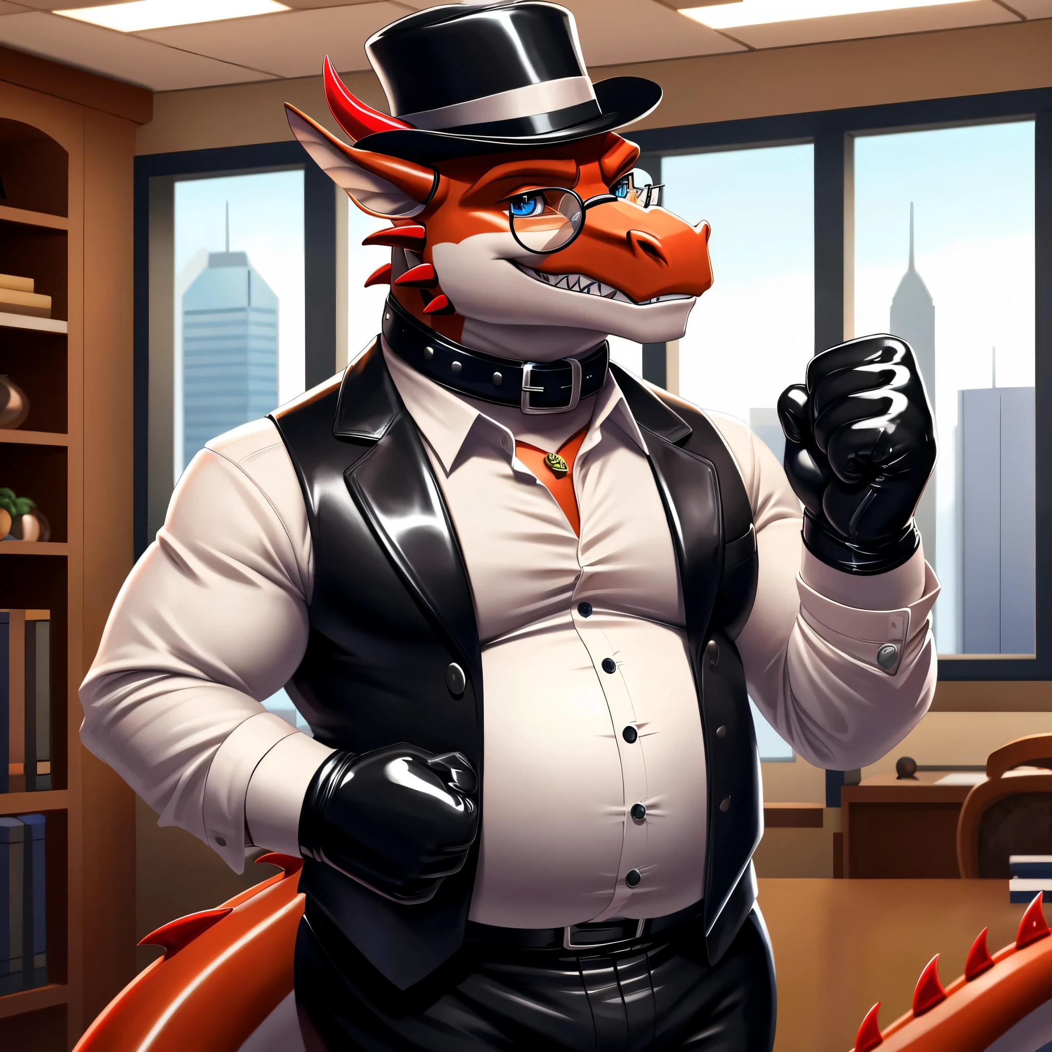 Solo, Male, fat, extremely obese, gentleman, dapper Professor Dragon, mob boss, blue eyes, (posing:1.3), (soft shading), 4k, hi res, ((detailed face, detailed)), looking at viewer, mouth wide open, dapper clothing, collared shirt with buttons, bowler hat, male focus, Explorer Outfit, glasses, monocle, vest with buttons, sleeves rolled up, round eyewear, brown headwear, brown vest, office, Dragon is wearing a glossy leather dog collar around the neck, Dragon is wearing the leather collar and shirt and vest at the same time, Dragon is wearing glossy white rubber gloves on the hands, wearing white rubber gloves on the feet, gloves are rubber in texture, clenching teeth, clenching fists, leather collar is glossy and shiny with a lot of detail, Dragon is wearing gloves and leather collar at the same time, leather collar has a round dog-tag, leather collar is thick and detailed, leather collar is glossy and shiny, fancy clothing, dapper vest, dapper shirt, leather collar is thick, glossy leather collar.