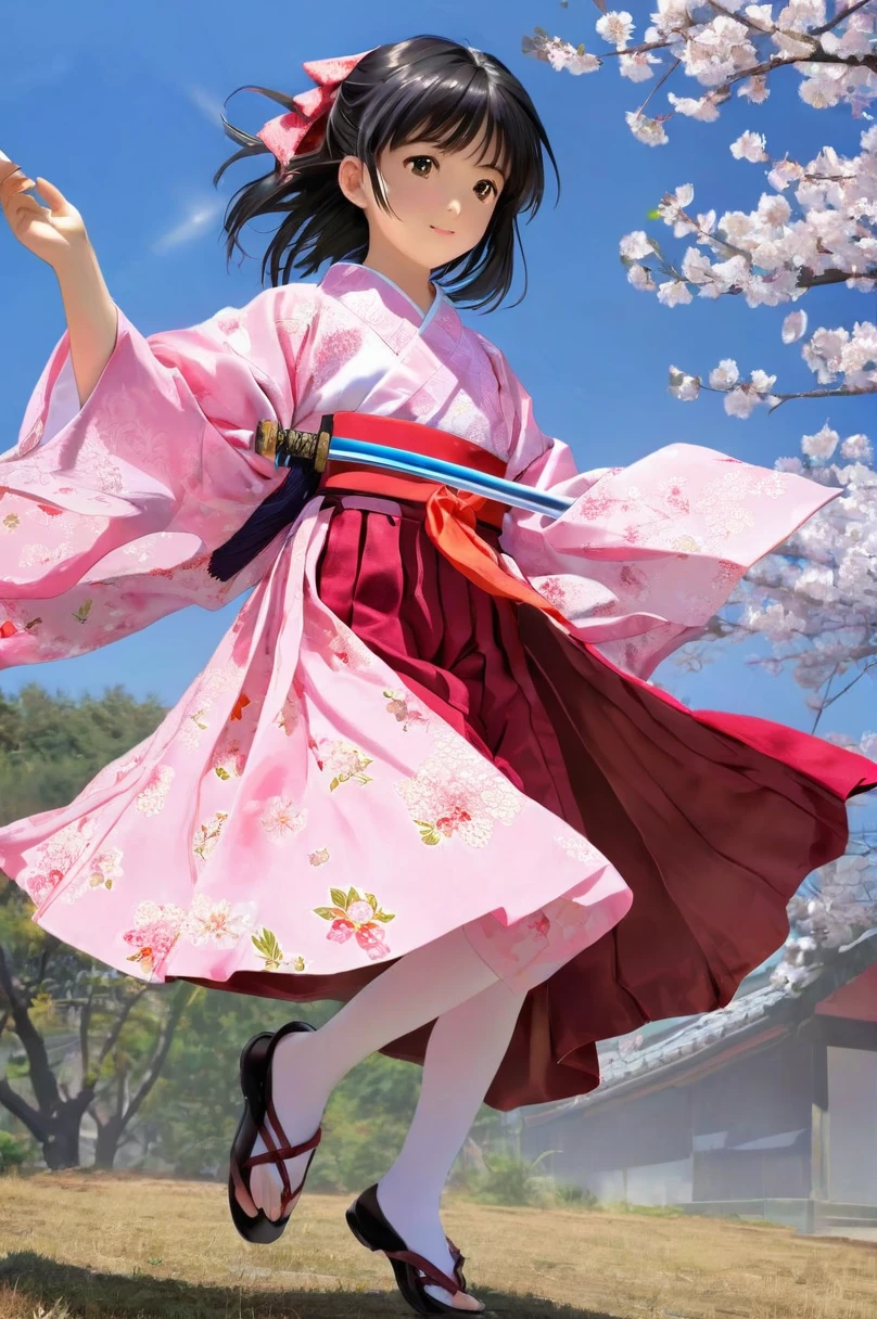 10 year old girl underwear, Sakura Shinguji、Realistic bloomers made from patterned cotton fabric, Japanese clothing and hakama, Fabric Realism, Low - Angle, I see bloomers, Pull up the dress by hand, Strong winds, Translucent slip, Translucent slip, tights, Highest quality,  whole body、Black Hair、Holding a sword