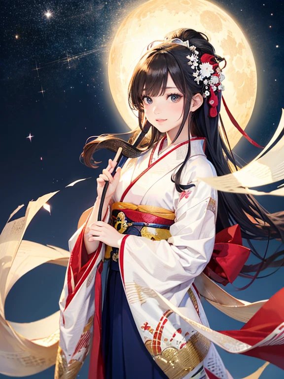 (Highest quality、 8k wallpaper、masterpiece、High resolution)、Vibrant colors、The Tale of the Bamboo Cutter、The Tale of Princess Kaguya、Elegant and beautiful woman with long black hair、A kind look、Smile on the lips、Traditional costumes of Japan、12 Single layer costume、whole body、Detailed Background、(Moso bamboo, starry sky and full moon)、Detailed digital art、