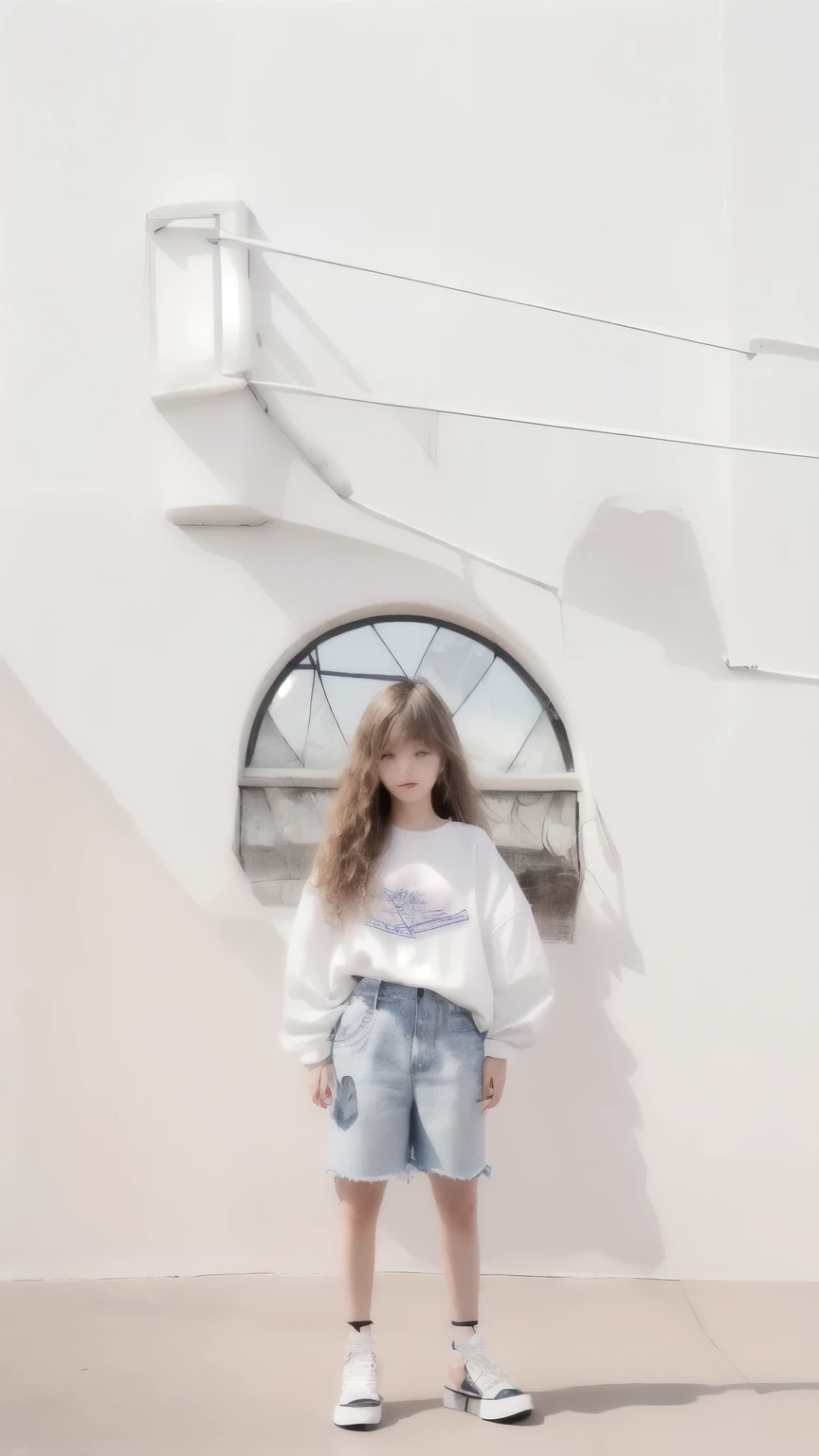 Standing Little white girl around 8-9 years, blue eyes, white eyebrow, white long hair, pink tshirt , shortn jeans pantswith curly edge, she is wearing black shoes .
