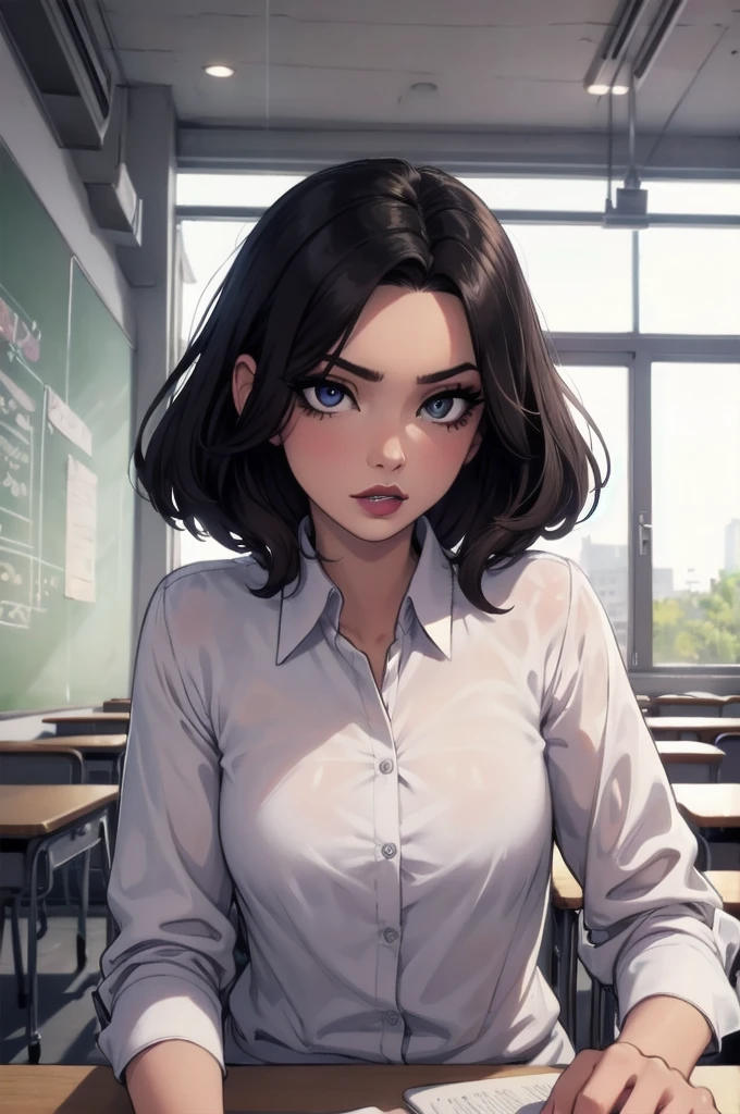 Close up shot, cute, sexy eyes, eyeliner, intense eye contact, small nose, dark lipstick, full lips, group of sexy women, sitting on desks, classroom, 