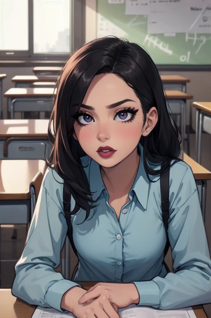 Close up shot, cute, sexy eyes, eyeliner, intense eye contact, small nose, dark lipstick, full lips, group of sexy women, sitting on desks, classroom, 