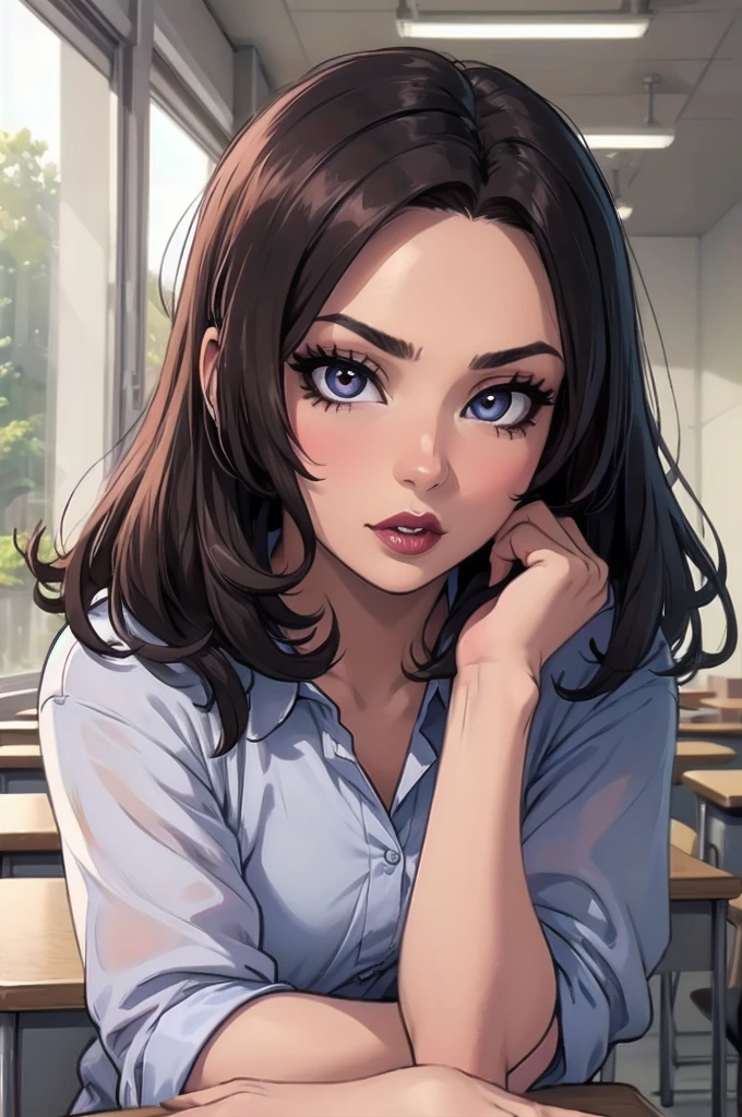 Close up shot, cute, sexy eyes, eyeliner, intense eye contact, small nose, dark lipstick, full lips, group of sexy women, sitting on desks, classroom, 