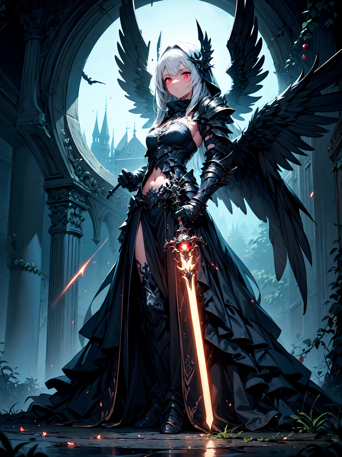 ((full body shot)) of a girl in detailed black gothic battle armor, standing in a completely dark environment. She has long white hair and glowing red eyes, with black angel wings, tattoos, and piercings. Her battle armor is intricately designed, revealing her bellybutton. She is holding a glowing orb of energy in her hands, which emits a soft, ethereal light. Surrounding her are numerous small lights in shades of {blue|purple}, casting a faint glow similar to candlelight. The only illumination comes from the orb and the particles around her. The atmosphere is {mysterious|otherworldly}, with a misty haze drifting around her feet. The ground beneath her is reflective, creating a mirrored effect that adds to the surreal ambiance. Subtle textures of ancient, worn stones and creeping vines can be seen in the background, hinting at a hidden, gothic castle. The scene is quiet and enigmatic, with her face partially obscured by the hood, her eyes focused intently on the luminous orb. She holds an intricately designed staff made of wood with metallic parts and embedded jewels. [Best quality], [Masterpiece], [Ultra-detailed], [4k], {serene|intense} atmosphere, gothic castle, {dynamic pose|relaxed pose}, complete darkness, {soft shadows|dramatic lighting}, {reflected light on the ground:0.7}, {misty haze:0.6}, {glowing plants:0.5}, {creeping vines:0.4}, {ancient stones:0.3}.