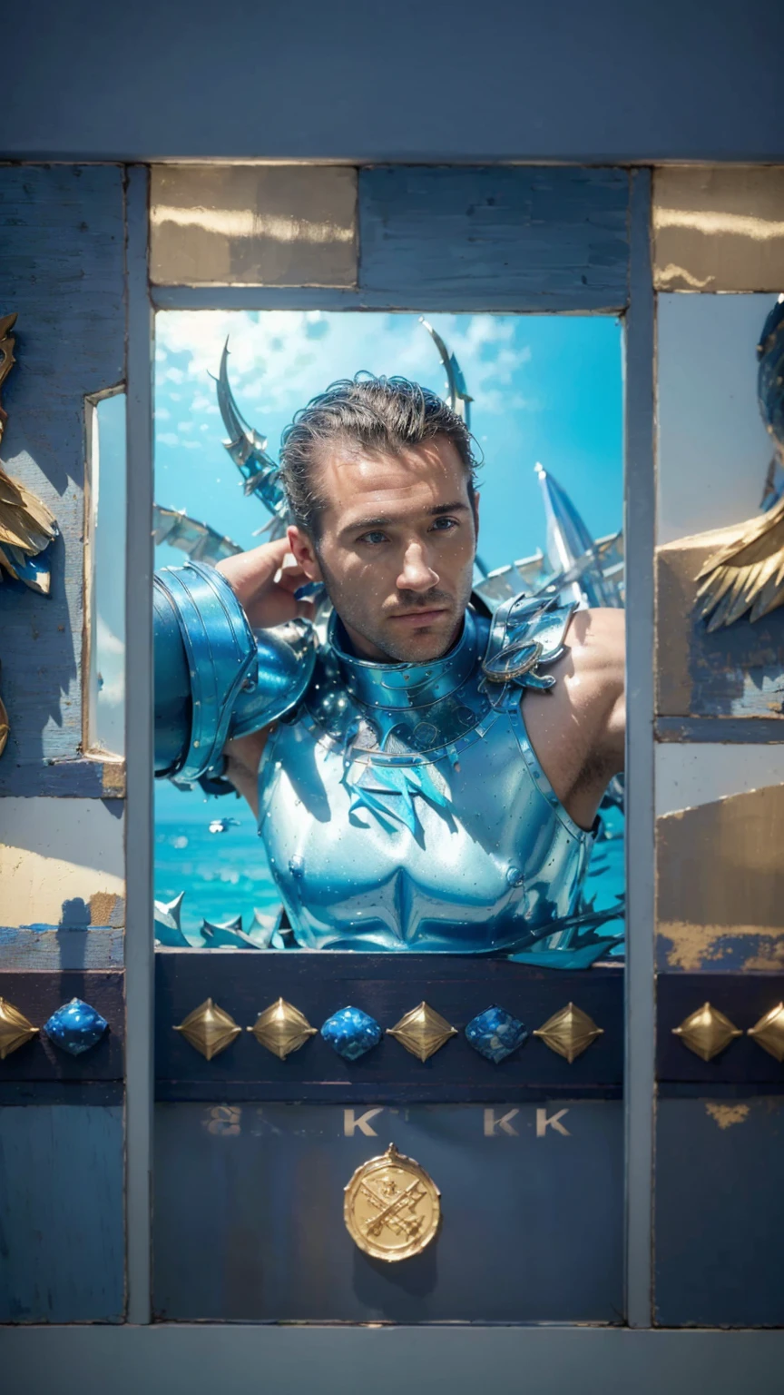 ((Best quality, 8k, Masterpiece : 1.3)), upper bod y, Sharp focus : 1.2. dashing man in blue armor,Uses water themed blue arrows, Highly detailed facial and skin textur e, Detailed eyes, , Interior view, f erpect lighting,
