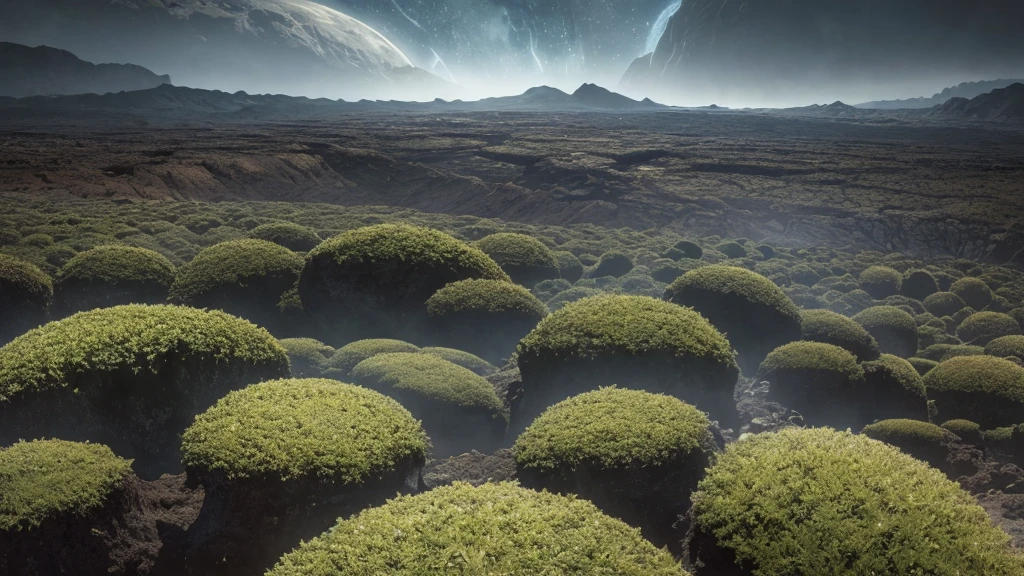cosmic horror scene on an uninhabited planet unlike anything ever seen, vast vegetation and complex that resembles tentacles, rocks everywhere (large and small), dark gray sky, heavy clouds, mountains in the distance.