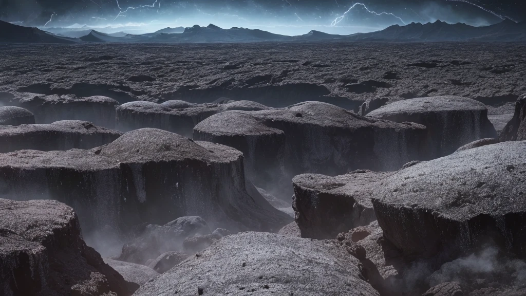 cosmic horror scene on an uninhabited planet unlike anything ever seen, vast vegetation and complex that resembles tentacles, rocks everywhere (large and small), dark gray sky, heavy clouds, mountains in the distance.