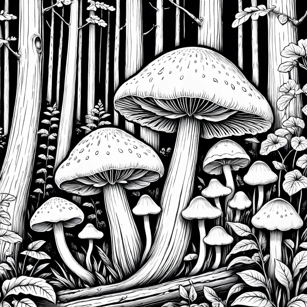 Rare mushrooms growing in the woods. intricate detailed line art, lino type linotype, lines only. White background, clean black lines, high contrast, no color. No close-ups, macro views, or zoomed-in perspectives. Tele-photo. Canon EF 35mm f/1.4L II USM lens.