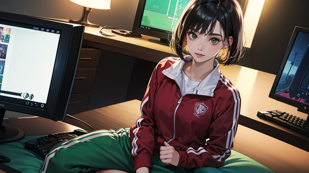 (perfect anatomy:1.2)(absurdres, highres, ultra detailed),masterpiece,best quality,high resolution,8k,Realistic face,Realistic skin texture,magnified textures, stunning clarity,detailed anime girl,(ultra detailed eyes and face),(only 1 girl:1.4)21years old,she is office worker,,black hair, bob cut, No-makeup look,,(green school track jacket),(green school track pants),white t-thirt,(The chest is visible),11 p.m,sparkling eyes,small nose,roundface,Women's Apartments in japanese suburb,(faint light),(darkness),(midnight),(sitting a gaming chiar:1.4),(happy),