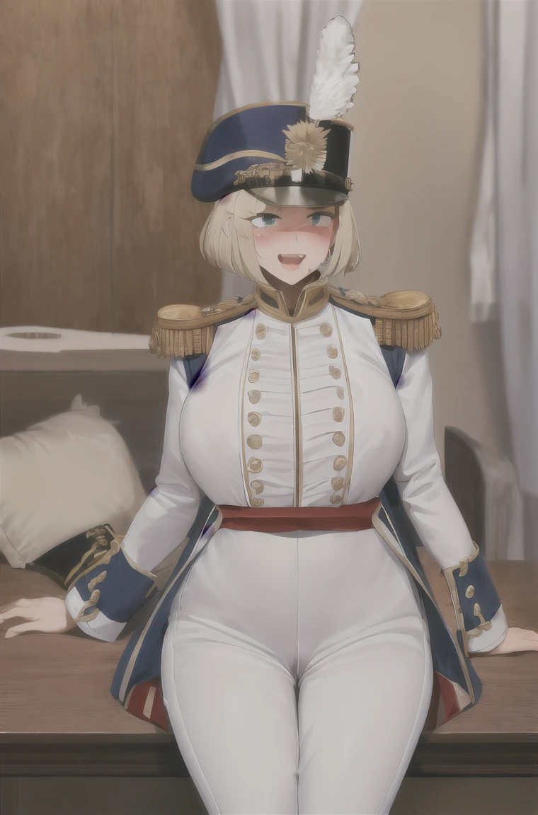 masterpiece, Highest quality, Absurd, High resolution, Very detailed, One Girl,  army_uniform, uniform, Sitting, have, Epaulettes ,army, white_pants, Blue_Jacket,shako have,Napoleon, Infantry Regiment,青 coat, 青 and white hackle, 青 and white plume, Blonde Bob Cut, 青 eyes, Conceit, Apply blush all over the face, Large Breasts, slightly larger hips, Tight waist, In the room,Pussy,Seduce,pussy,濡れたPussy、show、Love juice,Vaginal Hole ,Big Breasts,Excited,Pussy,Pussy