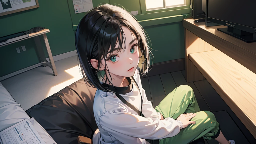 (perfect anatomy:1.2)(absurdres, highres, ultra detailed),masterpiece,best quality,high resolution,8k,Realistic face,Realistic skin texture,magnified textures, stunning clarity,detailed anime girl,(ultra detailed eyes and face),(only 1 girl:1.4)21years old,she is office worker,,black hair, bob cut, No-makeup look,,(green school track jacket),(green school track pants),white t-thirt,(The chest is visible),11 p.m,sparkling eyes,small nose,roundface,Women's Apartments in japanese suburb,(faint light),(darkness),(midnight),(sitting a gaming chiar:1.4),(happy),