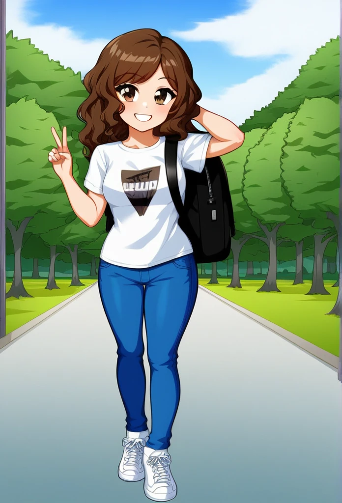 a young college student in a casual outfit. She has shoulder-length wavy brown hair., big brown eyes, wearing a white t-shirt with blue jeans and white sneakers. She is holding a black backpack and has a confident smile on her face.. fund: university campus with trees and buildings in the background.