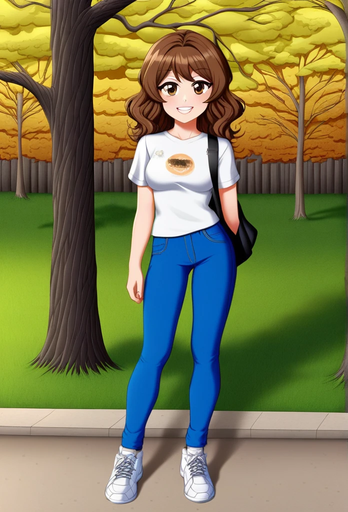 a young college student in a casual outfit. She has shoulder-length wavy brown hair., big brown eyes, wearing a white t-shirt with blue jeans and white sneakers. She is holding a black backpack and has a confident smile on her face.. fund: university campus with trees and buildings in the background.