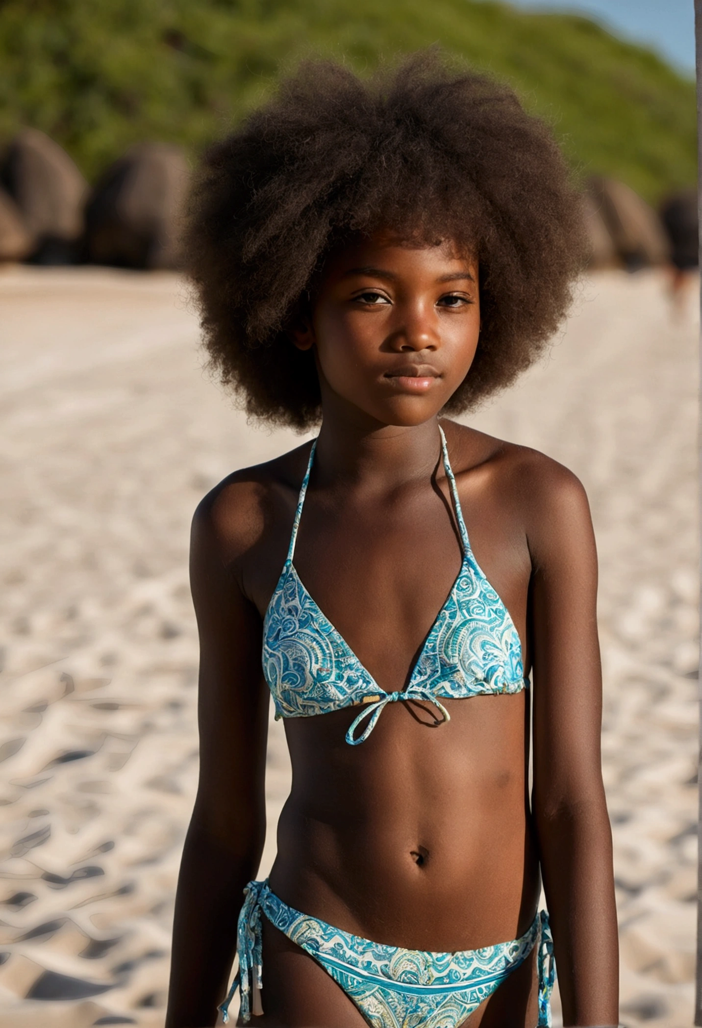 adolescente africaine en bikini sur une plage éclairée d’un rayon de soleil 