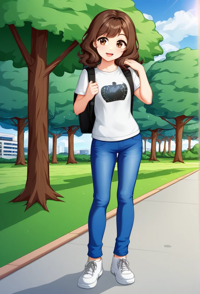 a young college student in a casual outfit. She has shoulder-length wavy brown hair., big brown eyes, wearing a white t-shirt with blue jeans and white sneakers. She is holding a black backpack and has a confident smile on her face.. fund: university campus with trees and buildings in the background.