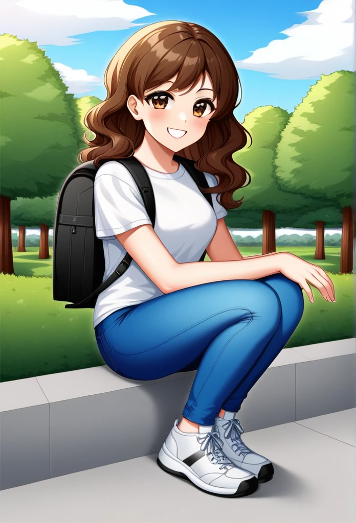 a young college student in a casual outfit. She has shoulder-length wavy brown hair., big brown eyes, wearing a white t-shirt with blue jeans and white sneakers. She is holding a black backpack and has a confident smile on her face.. fund: university campus with trees and buildings in the background.