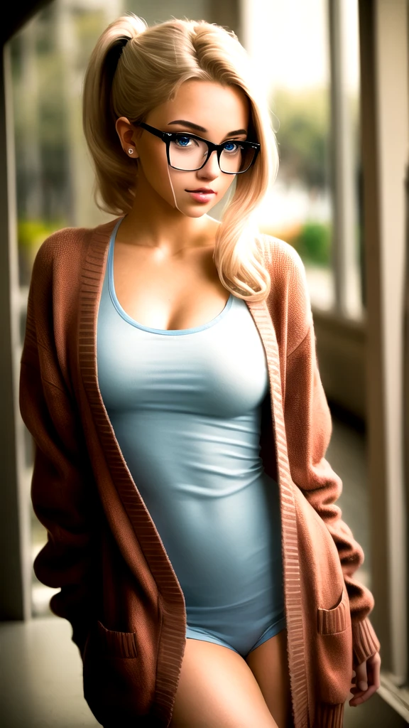masterpiece,best quality, realistic illustration, style of Philip Lorca diCorcia, girl aged 25yo, 1girl, solo, blond-pink long hair, side ponytail, light blue eyes, black rimmed glasses, athletic body, modest bust size, wearing a bathrobe, naked underneath, perfect lips, perfect eyes, posing for the camera, pretty face, cute face, vignette, realistic facial features, highly detailed body, high budget, bokeh, cinemascope, moody, epic, gorgeous, whole body photo, film grain, grainy