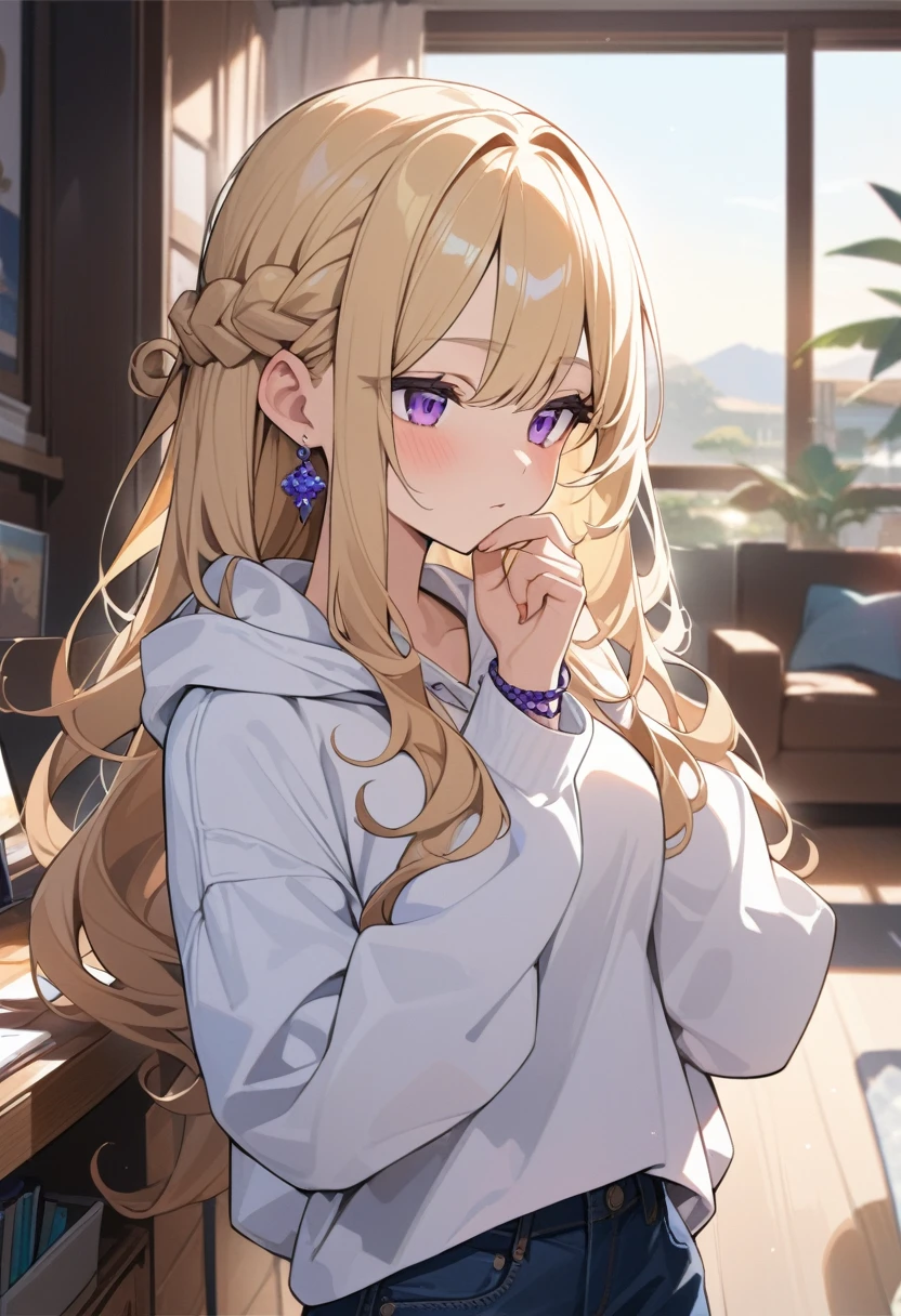 masterpiece, best quality, extremely detailed, ultra detailed, flat anime, 2D,
1girl, (young adult:1.2),blonde hair, (semi-long hair:1.2), curly hair, french braid, medium breasts, purple eyes, tsurime, height 1.7meters,
white hooded sweatshirt, jeans, earring,bracelet, long sleeves,socks,
Chin in hand.,jitome,very interesting,
upper body, portrait,
summer, livingroom, 12AM., standing