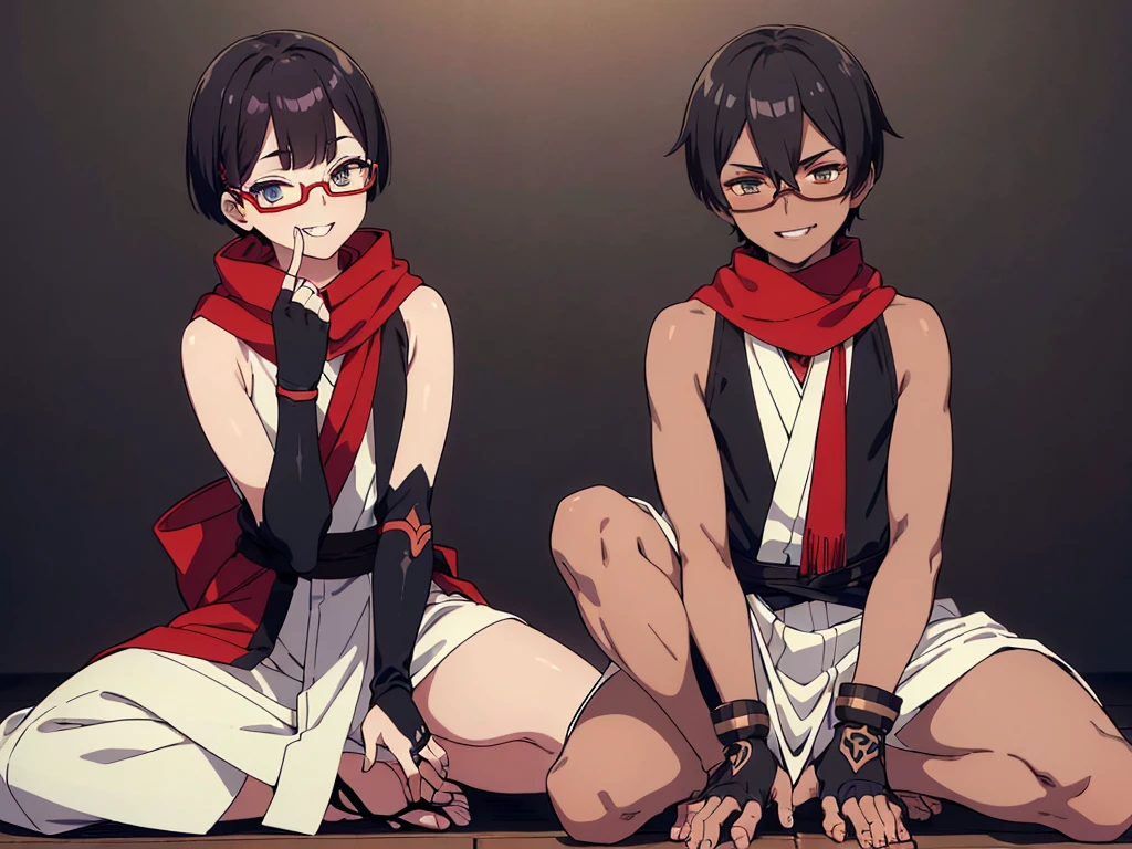 (flat chest), (masterpiece:1.2), highest quality, High resolution, unity 8k wallpaper, (fine and beautiful eyes:1.6), highly detailed face, perfect lighting, Detailed CG, (perfect hands, perfect anatomy), (2 boys:1.4), 20 years old,( black hair:1.3), extremely beautiful detailfeminine face and eyes, (evil smile:1.4), detailed eyes, best quality,( dark skin:1.8), extremely detailed, very precise detailed,(glasses:1.3), blunt bangs, open mouth, (very short pixie cut:1.2), (geta:1.2),(fingerless gloves:1.5), smile, half closed eyes,long sidelocks,(long red Scarf:1.3),(sleeveless yukata),(on one knee:1.5) ,(own hands clasped), (spread legs:1.2),(kuji-in:1.5),
