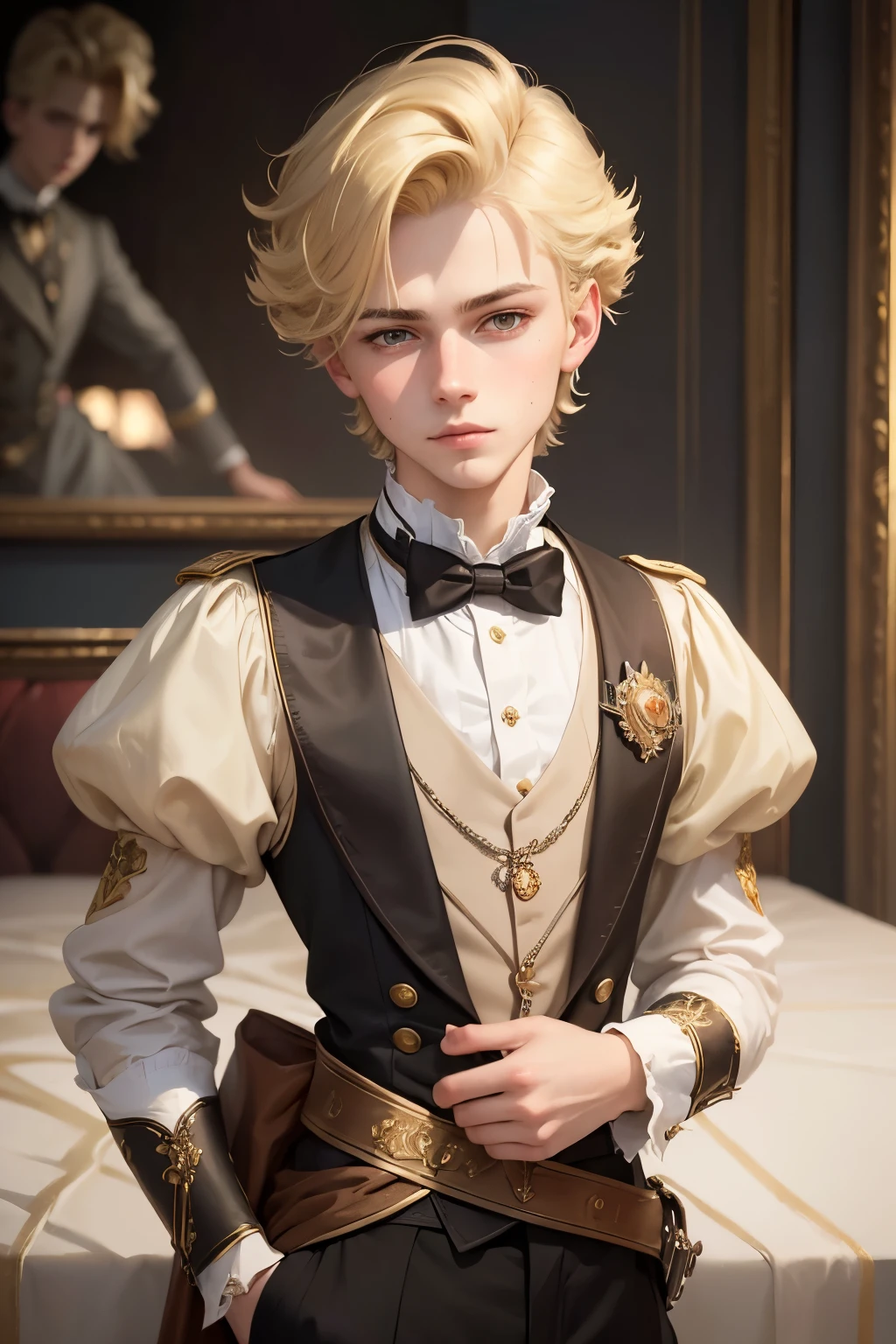 Retrato de a cheeky androgynous boy de 18 anos, aristocrat, portrait of nobility, hair blonde, Scrawny, loving and bossy, oil painting style, retrato em close, a portrait of royalty, Pavel, (hair blonde curto, naughty expression:1.2), aristocrat, king's heir, work of art, detailed hair, a cheeky androgynous boy, disguised as a boy, realistic hair, detailed face and eyes, sharp focus, high détail, work of art, absurderes, best qualityer, HDR, high qualiy, High definition, extremely detaild, 8 k wallpaper, details Intricate, 8k hd, Full HD, sharp contrast