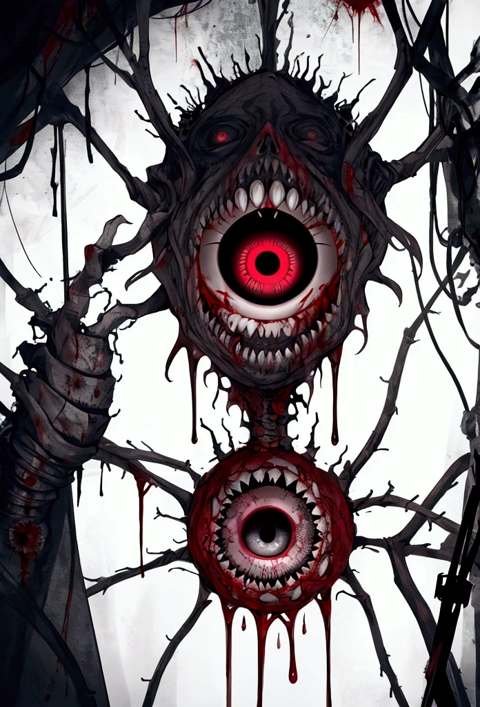 The image shows a bloody eye, full of madness and pain, with blood leaking from it, creating a dark, terrifying scene. The eye is unnaturally enlarged, hypnotizing and full of madness, which evokes the deepest fears in people. The whole thing is repulsive, but at the same time fascinating, drawing the viewer into a vortex of abstraction and chaos, where it is easy to get lost. This incredibly terrifying image attracts attention and does not allow you to look away, arousing anxiety and fear.