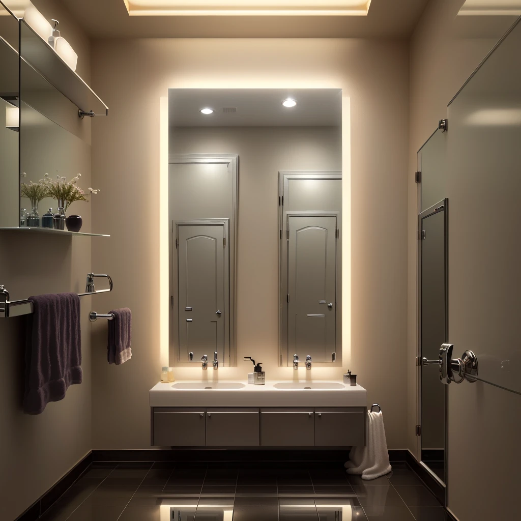 there is a bathroom with a sink and a mirror in it, 1x, retro vintage, mirror and glass surfaces, ca, high quality reflections, mirror, ad, epic lighting”, shiny glossy mirror reflections, rectangle, electric, mirror background, designer art, ( visually stunning, mm, mirrored, !!award-winning!!, reflection of led lights