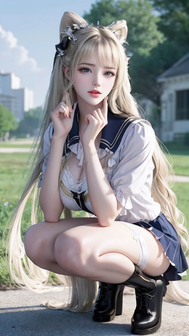 （Very delicate and beautiful：1.2）super model,,Huge seductive mature saggy Big Breasts,Beautiful saggy breasts,voluptuous,【bike shorts】,,【3girls】,,Highest quality, High resolution, 8K,mini skirt,Navy blue frilly sailor suit,Blonde twin tails,Lolita Style,Right hand bandaged,boots, wide thighs, long legs, long thighs, seductive legs, ((lying down with squatting))