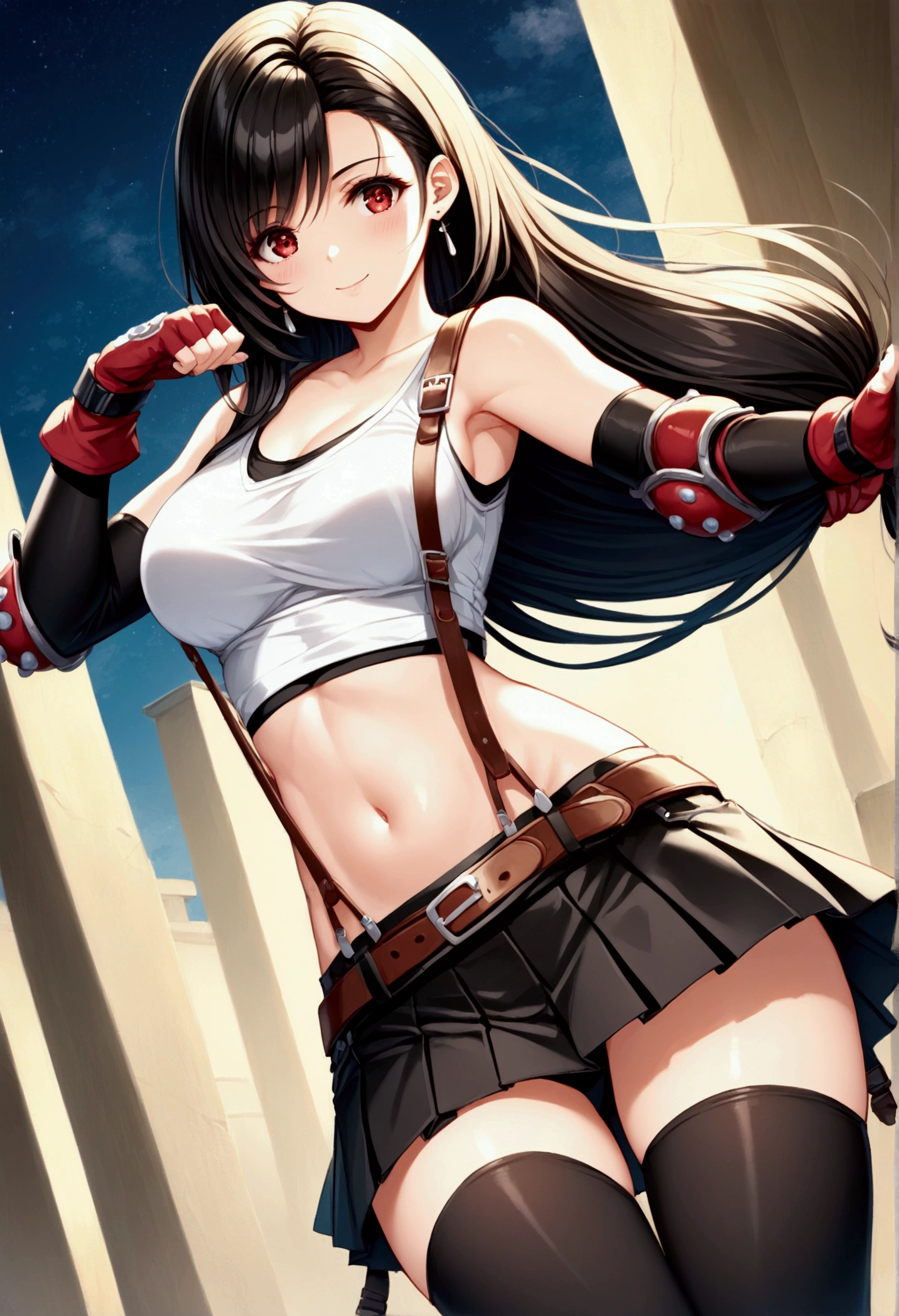 (score_9,score_8_up,score_7_up), masterpiece, best quality,
newest, recent, perfect anatomy,
official art, best perspective, depth of field,,
very aesthetic, illustration,,(Guts pose:1.3),(side pose:1.3),dynamicangle ,(upperbody) ,Solo,1girl, tifa lockhart, final fantasy,black hair, low-tied long hair, red eyes, bangs, (white tank top,gap),High exposure,Belly exposure,the ribs,(belt, pleated skirt, thighhighs, elbow fingerless gloves, elbow pads, midriff, navel,suspenders.skirt),beautiful waist ,(large_breast:1.3),light smile,,,outdoor,star sky,night,