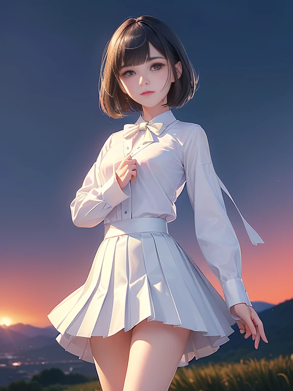 (masterpiece、Highest quality:1.7)、(:1.5)、(Shot from the ankle up:1.3)、Bobcut、Black Hair、85mm、16K、Official Art、RAW Photos、Best Beautiful Faces、Close-up、Violet、Gardenia、((The best beautiful girl、very cute))、Red blush on cheeks、((In the office))、(Are standing:1.8)、Film Grain、Chromatic Aberration、Sharp Focus、(((Nice hands、Perfect hands、Perfect Fingers、Thin and delicate fingers、A perfect body without flaws)))、Detailed face、(Slender body:1.5)、(Slender body:1.3)、(Slim upper body:1.1)、(Small and flat bust:1.7)、(Narrow thighs:1.3)、(Let your bangs hang down:1.8)、(Blushing:1.8)、(Low contrast lighting:1.4)、(襟t付きのwhiteタイトビジネスブラウス:1.5)、((white)Bowtie blouse:1.5)、(Long sleeve: 1.4)、(The length is very short(white)Pleated mini skirt:1.7)、(whiteスクールソックス:1.5),(Cover your chest with your palms:1.7),(The wind is blowing up her skirt:2.0),(Low angle from below:1.6)