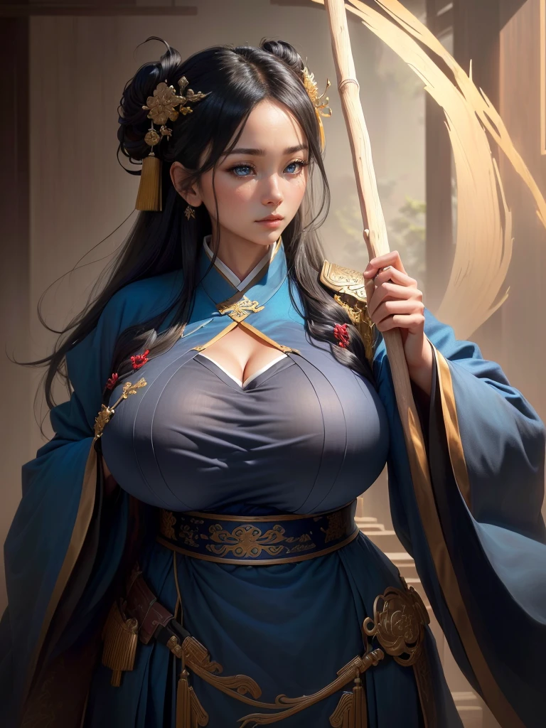 a man in a light blue robe holding a thin wood stick, inspired by Cao Zhibai, inspired by Dong Yuan, inspired by Huang Ding, inspired by Hu Zaobin, inspired by Wu Bin, inspired by Xuande Emperor, liang xing, pan ren wei, inspired by Li Kan, inspired by Guan Daosheng, inspired by Wu Zuoren,  Highly detailed CG unit 8k wallpaper, masterpiece, High resolution, highest quality, highest quality real texture skin, Super Real, Digital Painting, Best image quality, 最High resolution, 8k, (((Highly detailed eyes and face, Beautiful eyes every detail))), (Saggy breasts, Gravity-dependent breasts, long chest, Heavy chest, (disproportionate breasts, huge breasts, sagging breasts, gigantic breasts), black hair, profile, 
