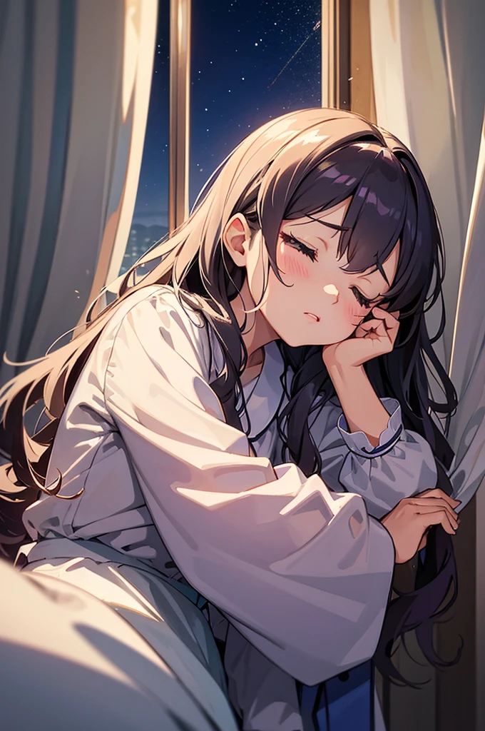 masterpiece, best quality, ultra detailed, 4K, no bad anatomy and fingers, 5-year-old adorable girl rubbing her eyes sleepily, wearing polka dot pajamas with mismatched buttons, shiny wavy semi-long hair, resembling Illustrious or Javelin from Azur Lane, bedroom with fireworks visible through a gap in the curtains, night light, anime style, layered watercolor painting, rustic, triangular composition, cinematic, shiny appearance