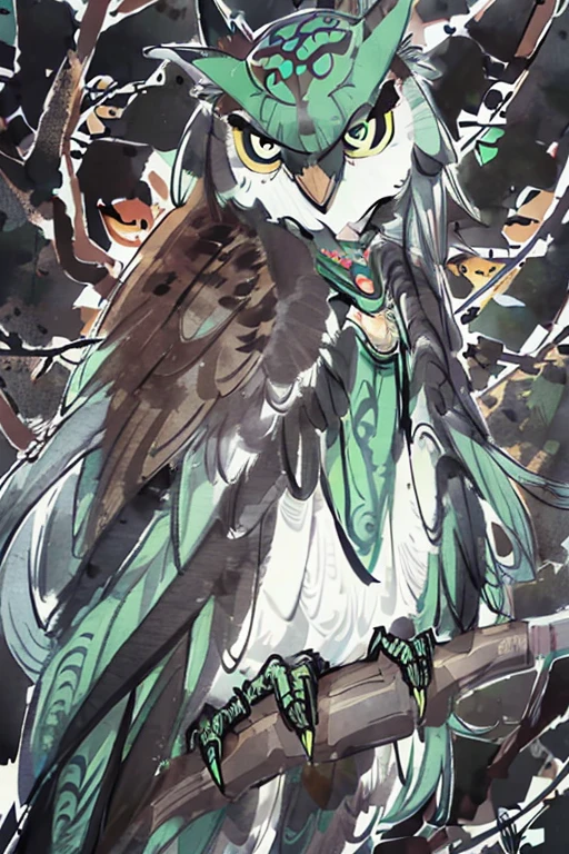 A mysteroius owl perched on a branch. Glaring eyes. Staring into soul. Line art. Branches. Green background. Simple