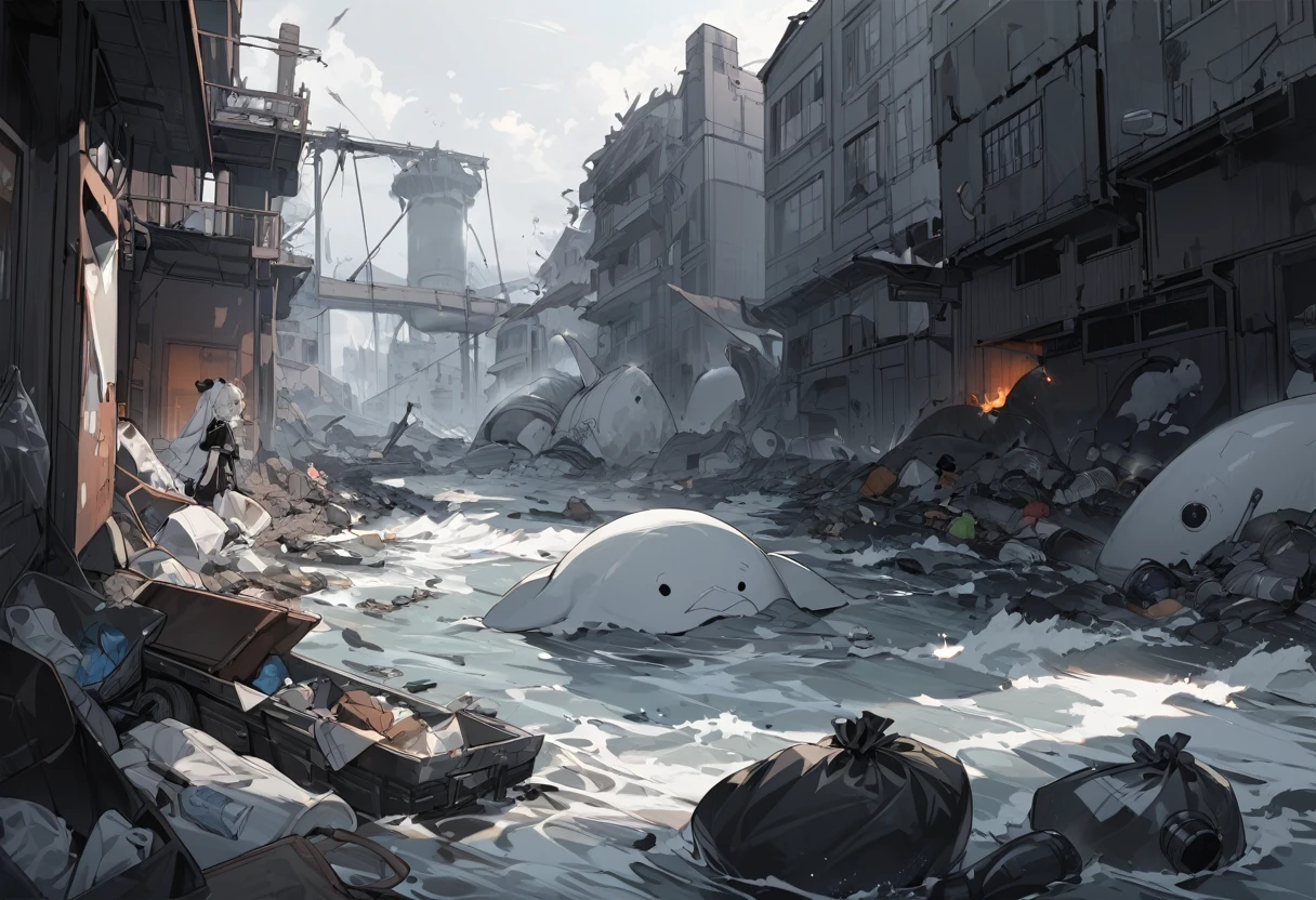 Black and White,Marine pollution,disaster,Garbage bag outlook,white whale,Child,water pipe,near future,chimney,disaster ,meticulous,high quality,Low saturation