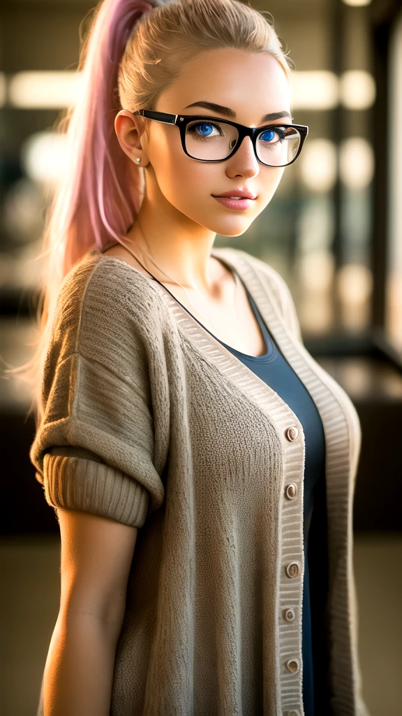 masterpiece,best quality, realistic illustration, style of Philip Lorca diCorcia, girl aged 18yo, 1girl, solo, blond-pink long hair, side ponytail, blue eyes, black rimmed glasses, athletic body, large bust size, wearing a cardigan, perfect lips, posing for the camera, pretty face, vignette, realistic features, highly detailed body, high budget, bokeh, cinemascope, moody, epic, gorgeous, whole body photo, film grain, grainy