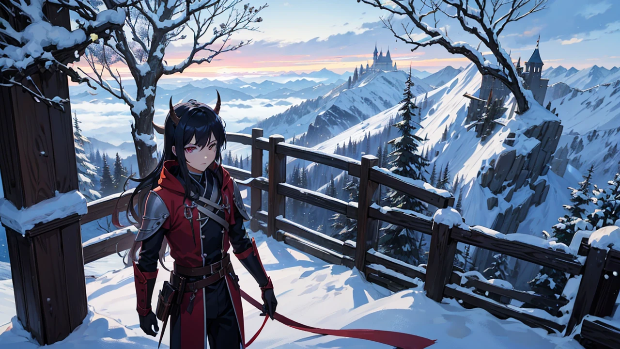 Anime poster style, demon slayer, ชายหนุ่มกำลังยืนสั่งการ, castle tower high perch background, Snow Mountain Background, It's snowing, (white hair:0.8), (Blue Hair:0.7), (short hair:0.4), (focus on young men: 0.8), Zoom lens shot, By Studio UFO,Skeleton Arm, dragon (((Masterpiece))), (((best quality))), (Very detailed CG unity 8k wallpaper.)