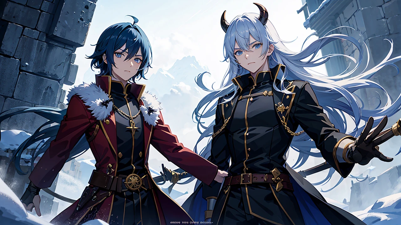 Anime poster style, demon slayer, ชายหนุ่มกำลังยืนสั่งการ, castle tower high perch background, Snow Mountain Background, It&#39;s snowing, (white hair:0.8), (Blue Hair:0.7), (short hair:0.4),  (focus on young men: 0.8), Zoom lens shot, By Studio UFO,Skeleton Arm, dragon (((Masterpiece))), (((best quality))), (Very detailed CG unity 8k wallpaper.)
