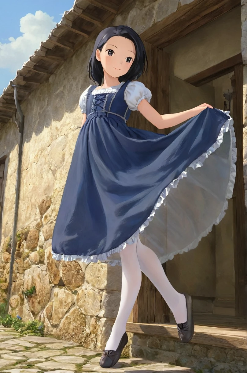 10 year old girl underwear, Minase Iori、Realistic bloomers made from patterned cotton fabric, Medieval one-piece dress with panniers, Fabric Realism, Low - Angle, I see bloomers, Pull up the dress by hand, Strong winds, Translucent slip, Translucent slip, tights, Highest quality,  whole body、Black Hair