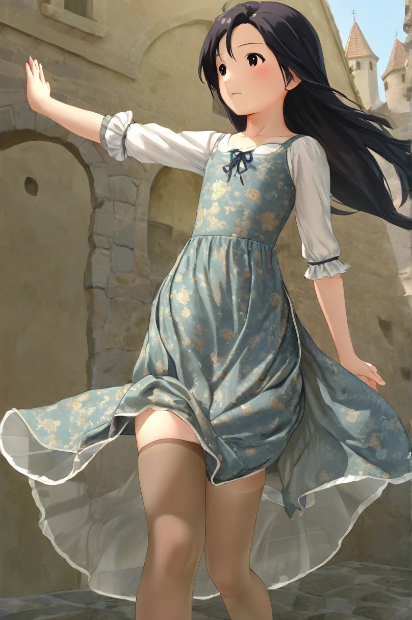 10 year old girl underwear, Minase Iori、Realistic bloomers made from patterned cotton fabric, Medieval one-piece dress with panniers, Fabric Realism, Low - Angle, I see bloomers, Pull up the dress by hand, Strong winds, Translucent slip, Translucent slip, tights, Highest quality,  whole body、Black Hair