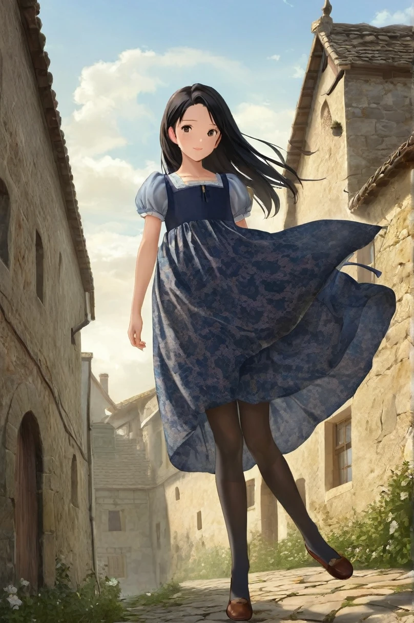 10 year old girl underwear, Minase Iori、Realistic bloomers made from patterned cotton fabric, Medieval one-piece dress with panniers, Fabric Realism, Low - Angle, I see bloomers, Pull up the dress by hand, Strong winds, Translucent slip, Translucent slip, tights, Highest quality,  whole body、Black Hair