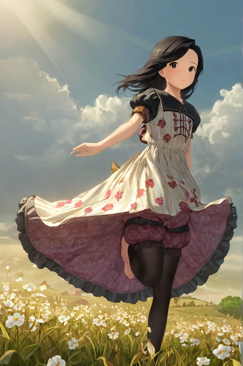 *********** girl underwear, Minase Iori、Realistic bloomers made from patterned cotton fabric, Medieval one-piece dress with panniers, Fabric Realism, Low - Angle, I see bloomers, Pull up the dress by hand, Strong winds, Translucent slip, Translucent slip, tights, Highest quality,  whole body、Black Hair