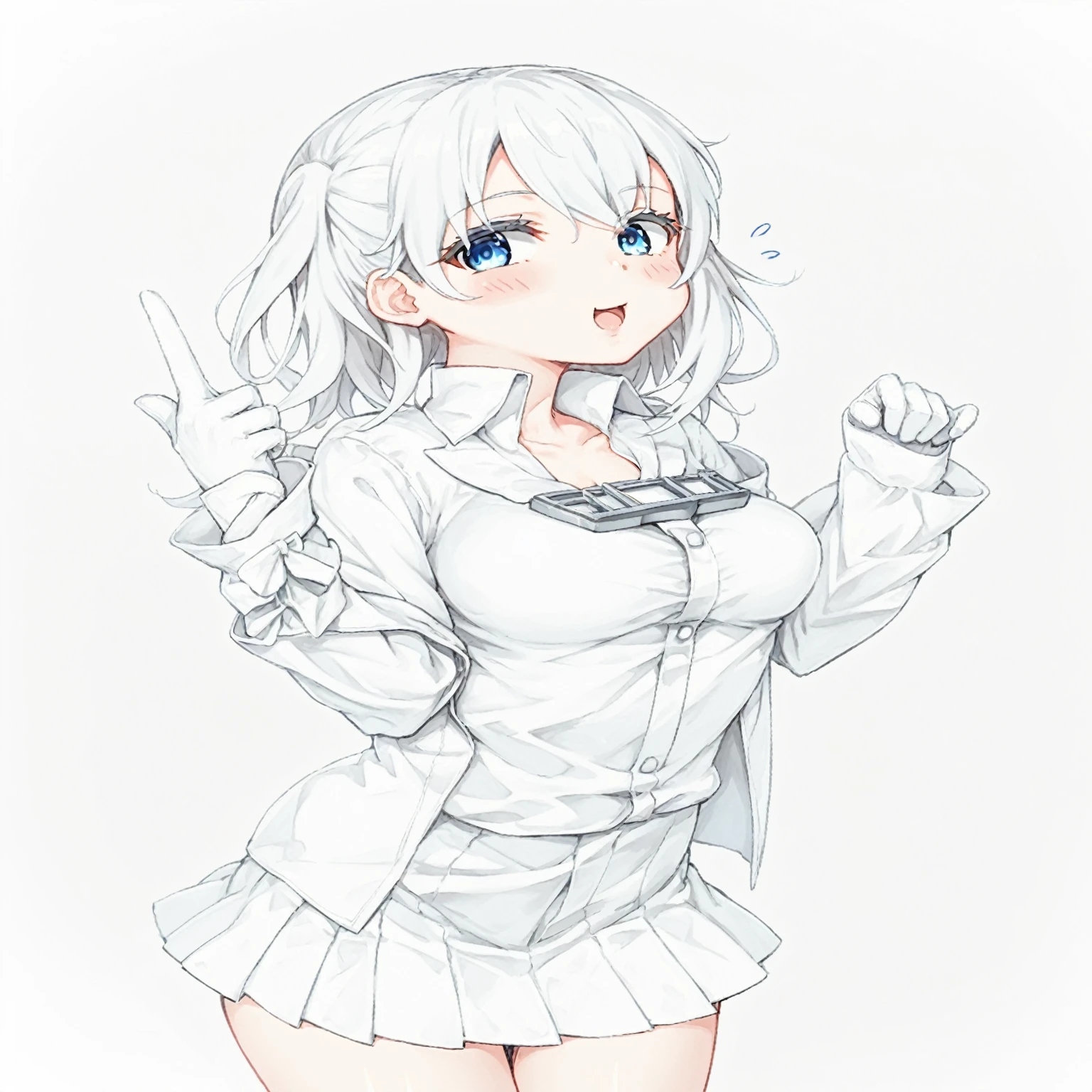 anime girl in a white dress with a blue eye, an anime drawing by Shitao, pixiv, rococo, with index finger, kantai collection style, girl with white hair, in white clothes, perfect android girl, (anime girl), white haired, perfect white haired girl, white haired lady, cute anime girl, attractive anime girl, an anime girl