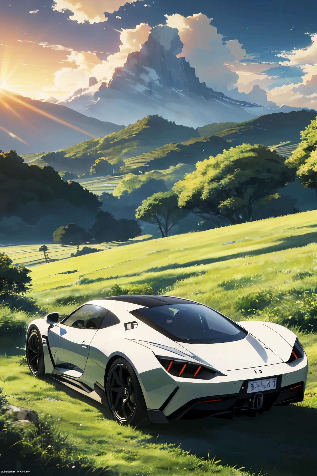 This exquisite anime landscape showcases a pearl-super-Polar-white hybrid car prototype, elegantly positioned in a vast field of towering grass. The setting sun casts a warm, radiant glow over the scene, painting the sky with hues of orange and pink. The car prototype, with its sleek lines and refined details, stands out against the natural backdrop, creating a harmonious contrast between technology and nature.

This beautiful anime scene would make an excellent wallpaper, perfect for those seeking tranquility and serenity. With its stunning resolution of 8K, the details of the car and the grass are as clear as day, making it an amazing wallpaper for any anime or