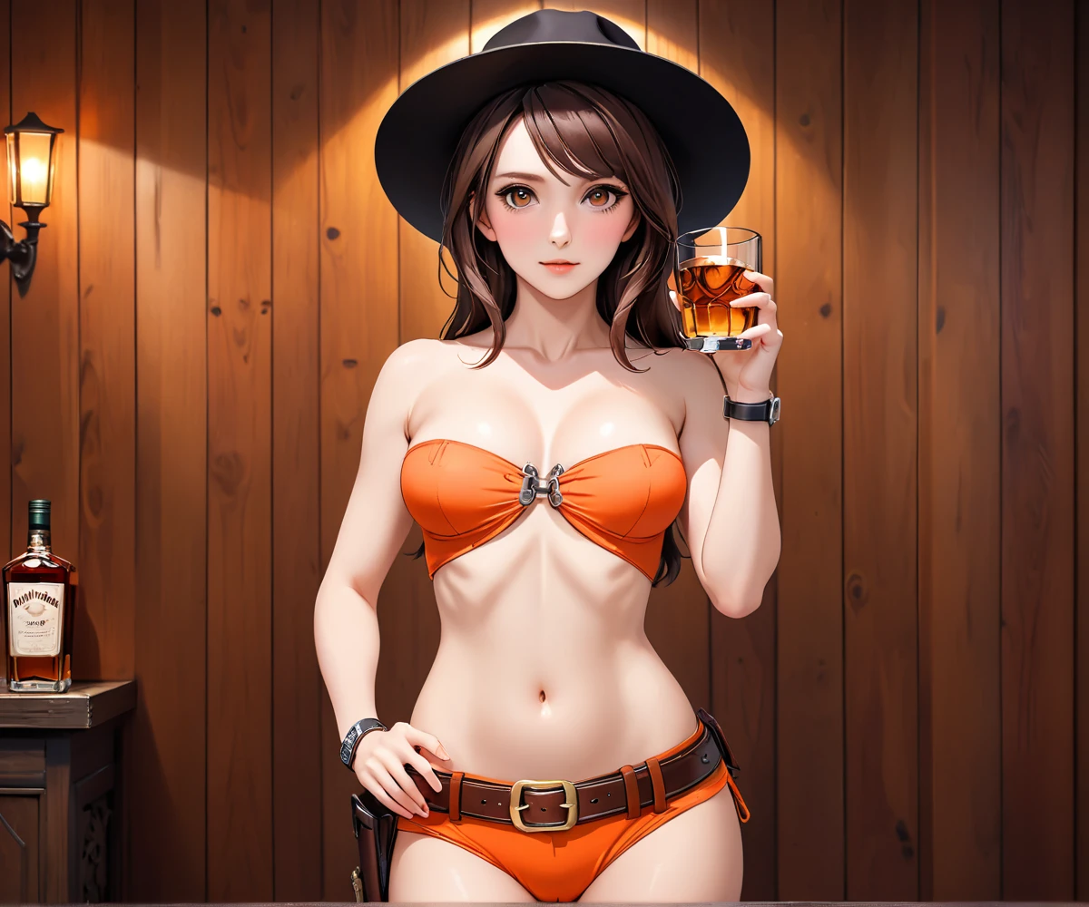 (((1 person:2.0))),(((NSFW:1.8)),(((NUDE:2.0))),(((Sexy female gunfighter:1.9))),(((Wear a gun belt with a holster:1.5))),((Wear a watch on your wrist:1.5))),(((Cowgirl Costume:1.5))),(((Exposed thin inner thighs))),(((Small breasts:1.5))),(((Bare arms))),(((Wearing Sandals:1.5))),((Blushed:1.8)), Beautiful detailed girl, Very detailed目と顔, 緻密でBeautiful Eyes, Very detailed, High resolution, Highest quality, masterpiece, Very detailed, 8k wallpaper, wonderful, finely, Highest quality,(Standing in front of a wooden wall),Beautiful Eyes,((Engage your audience:1.5)),((Full body shot:1.6)),((Place your right hand on your chest:1.8)),((Drinking whiskey:1.4)),((She has strong hiccups:2.0))),(((Are standing:1.5)))