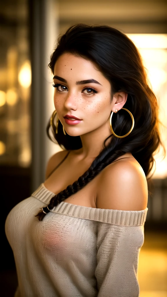 masterpiece,best quality, realistic illustration, style of Philip Lorca diCorcia, girl aged 18yo, 1girl, solo, black long hair, large braid, olive eyes, light freckles, toned body, large breasts, big nipples, dark skin, wearing an off the shoulder sweater, cropped, hoop earrings, perfect lips, posing for the camera, pretty face, vignette, realistic features, highly detailed body, high budget, bokeh, cinemascope, moody, epic, gorgeous, whole body photo, film grain, grainy