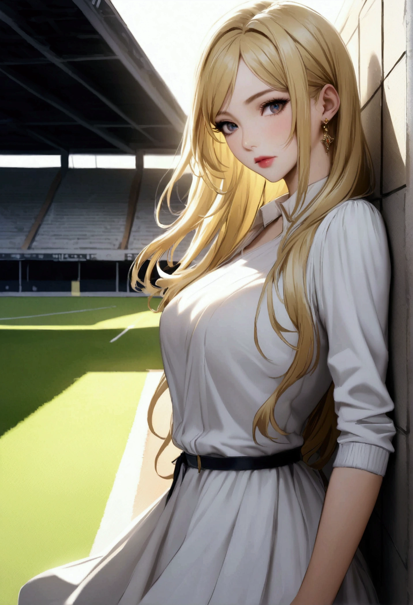 blond hair woman with long hair leaning against a wall in a white sweater, digital art inspired by Károly Lotz, Trends in CG society, digital art, belle fille blond hair, belle femme blond hair, blond hair, Femme blond hair, photo d&#39;Pretty Woman, beautiful soft lighting, beautiful soft lighting, 흰 dressed up, beautiful woman in white clothes, dressed up&#39;white shirt , In the football stadium
